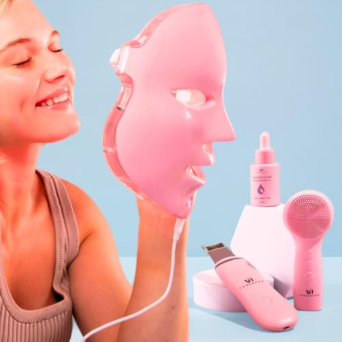LED Face Mask Light Therapy Premium Spa Kit (4 Pcs) - With Ultrasonic Scrubber, Ultrasonic Brush & Green Tea Serum - 7 Colors (Blue & Red) Light Therapy Mask -Spa Light Therapy Facial For Rejuvenation