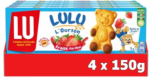 LU - LULU L'Ourson Fraise - 4 Boîtes de 5 sachets de Lulu L'Ourson à la Fraise - Gâteaux Moelleux en Forme d'Ourson Fourrés à la Fraise - Idéal à Emporter pour le Goûter des Enfants - Lot de 4x150g