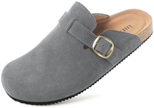 Mens Suede Clogs Leather Mules Cork Footed Slip On Sandals Slides with Arch Support Shoes Size Grey UK8.5=44