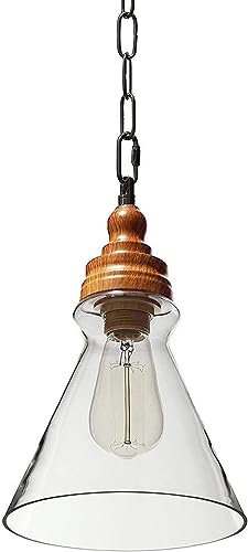 Lampe suspendue ronde en verre avec chaîne, décoration en bois, lampe suspendue au plafond de ferme rustique, cône en verre transparent, éclairage industriel, grand lustre antique compatible avec
