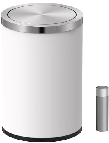 Mbillion Small Trash Can with Swing Lid 2.4 Gallons/9 Liter, Mini Trash Can with lid, Stainless Steel Cylindrical Garbage Can for Home and Office Bathroom Bedroom, for Ground and Desktop White