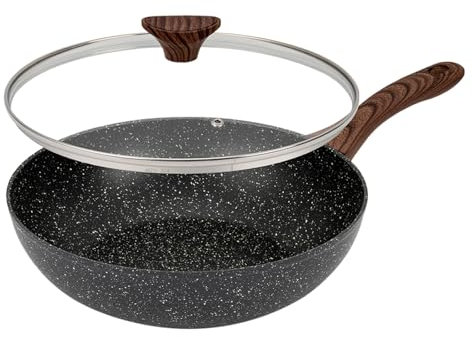 28cm Non-Stick Deep Stir Frying Pan with Glass Lid, Wok/Saute Pan Stay-Cool Handle, Egg Omelet Fry Pan, Black Marble Effect for All Hobs (11inch)