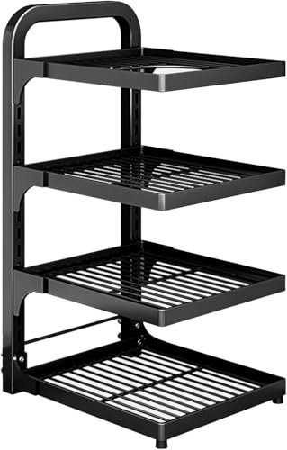 Adjustable Heavy Duty Under Sink Storage Shelf Pot and Pan Organizer Rack for Cast Iron Cookware and Carbon Steel Skillets Black 4 Tier Pan Rack Stand for Inside Cabinet Storage.