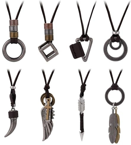 Mikovivi 8pcs Leather Pendant Necklaces, 8 Styles Vintage Leather Rope Chains Adjustable Feather Wolf Tooth Ring Wing Leather Cord Necklace Sweater Jewelry for Men Women