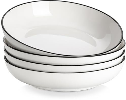 MALACASA Série REGULAR 1680ml Assiettes à Pâtes en Porcelaine, Assiettes Creuses, Service de Bols à Salade 4 Pièces, Blanc avec Bord Noir