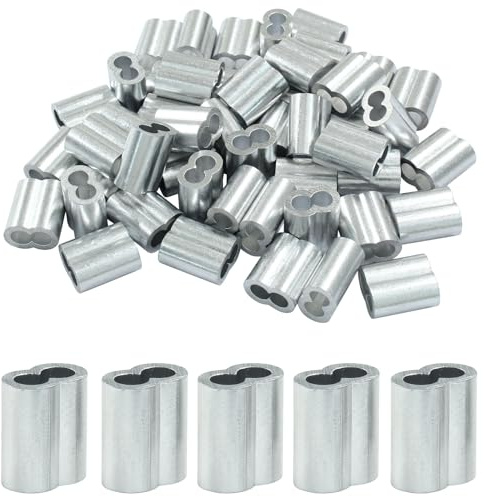 Cjueiom 50Pcs Aluminum Crimping Loop Sleeve, 5/32 Inch / 4mm Double Barrel Crimp Sleeves for Wire Cable Rope Hanging, Silver