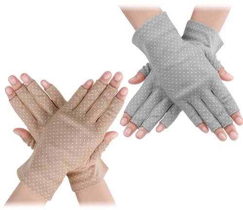 Telooco 2 Paar UV Handschuhe Nägel Fingerlose Handschuhe Damen Sonnenschutz Handschuhe Ohne Finger Kurz Sommer Handschuhe Half Finger Schutzhandschuhe Outdoor für Damen Herren (Grau, Khaki)