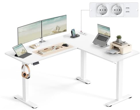 VASAGLE Scrivania Angolare Regolabile in Altezza Elettricamente, a Forma di L, 140 x 160 cm, con Stazione di Ricarica, Memory di 2 Altezze, per Studio, Bianco Nuvola e Bianco Opaco LSD264W01