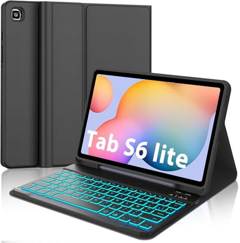 SENGBIRCH Coque Clavier pour Samsung Galaxy Tab S6 Lite 10,4 2024 - AZERTY Français Clavier Rétroéclairé 7 Couleurs Détachable sans Fil Bluetooth, Étui pour Galaxy Tab S6 Lite 10,4, Noir