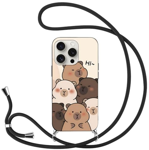 Yimctoie Anime für Apple iPhone 6/6s Hülle 4.7'', Cute Cartoon Capybara Hülle Karikatur mit Band, HandyHülle Necklace Kordel zum Umhängen SchutzHülle Karikatur TPU Phone Case, Schwarz