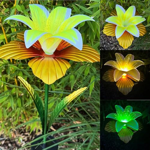 Gartenstecker aus Metall - LED Solarleuchte Lilie für außen - Warmweiß oder Farbwechsel möglich - Beetstecker 9 7 cm groß - Gartendekoration für Balkon, Terrasse (Gelb)