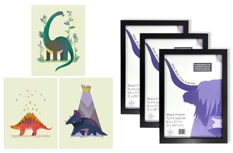 Artery8 Cute Dinosaur Wall Art - Set of 3 A4 Sized Art with Black Frames - Kids Bedroom Stegosaurus Apatosaurus Triceratops Pastel Colour