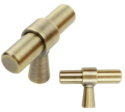 keypak 10 Pack Antique Brass Smooth Kitchen Cupboard Handle 50mm Knob | Aluminium T-Bar Pulls for Cabinet, Wardrobe Doors, Chest of Drawers