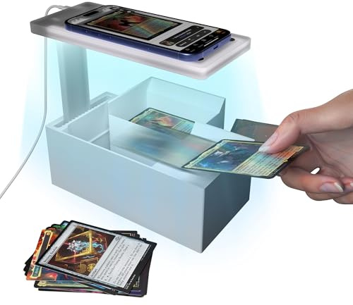 GIBOPOB LED MTG Card Scanner Stand for ManaBox, Adjustable Phone Holder | 6000K Anti-Glare Ring Light, Large Capacity Sloped Tray, Trading Card Scanner for Sleeved & Unsleeved Cards