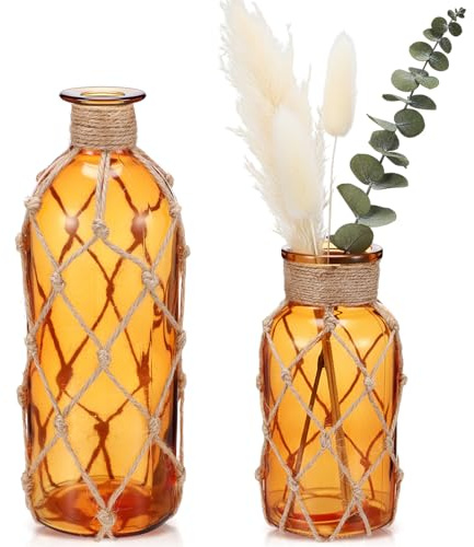 Chuangdi Set of 2 Coastal Glass Flower Vase with Boho Rope, Amber | Coastal Vase, Small Sea Glass Jar, Nautical Beach Bottle for Wedding Table Centerpieces Floral Arrangement Decor