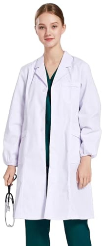 CATOR Camice Laboratorio Donna, Camice Medico Bianco, Medico Cappotto Camice da Lavoro Maniche Lunghe Camice Bianco da Laboratorio Chimico Camici per Infermiera Studente Cosplay,Polsini elastici, S