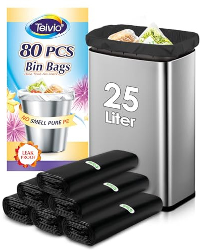 Teivio 25 Liter 80 Counts Strong Pedal Bin Liners, fit 5-6 Gal Garbage Bags, Bathroom Waste Bin Liners, Small Plastic Trash Can Bags for home office kitchen, Black
