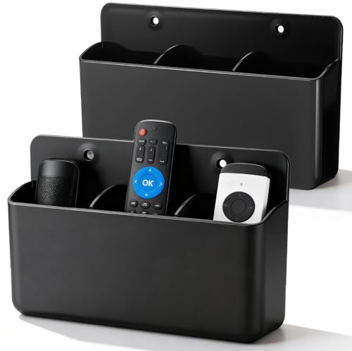 JIANTA 2 Pezzi Supporto Telecomando 3 Slot da Parete Regolabile (Nero) | Supporto Autoadesivo per Telecomando TV, Organizer da Parete per Casa, Ufficio e Scuola