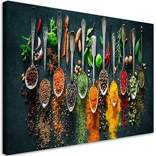 Feeby Wandbilder XXL Gewürze Kräuter Küche 100x70 cm Leinwandbild 1-teilig Kunst Bilder Schlafzimmer Deko Wohnzimmer Flur Pfeffer Essen Chili Löffel mehrfarbig