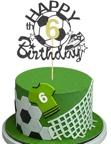 Happy 6th Birthday Football Cake Topper, Black Gold Glitter 6 Years Old Cake Decorations, Birthday Soccer Theme Party Supplies for Boys (6th)