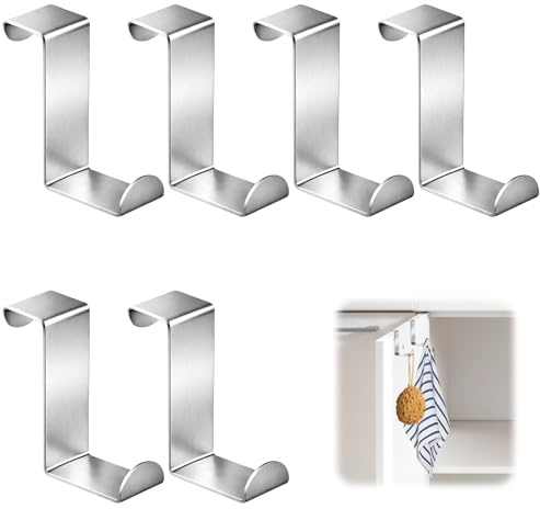 YDSW Over Door Hook, 6 PCS Door Hooks Stainless Steel Over The Doors Hook Coat Hooks Holds 5KG Reversible Hangers for Cupboard Cabinet Drawer Kitchen Bathroom Bedroom Wardrobe, Silver