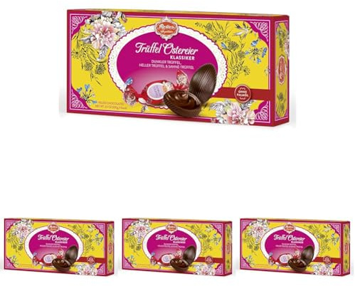 Reber Trüffel-Ostereier Deluxe - Handgefertigte Schokoladen-Meisterwerke mit heller und dunkler Trüffelcreme, umhüllt von Zartbitterschokolade (Packung mit 4)