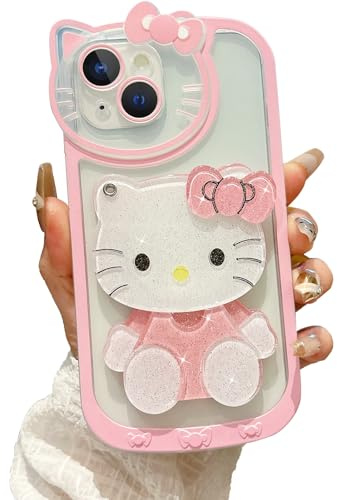 Steuscey for iPhone 13 Cute Cartoon Case, 3D Bow Funny Kawaii Cartoon Cat Case with Mini Makeup Mirror for Girls Women Soft Silicone Clear Shockproof Phone Cover for iPhone 13 6.1 inch, Pink