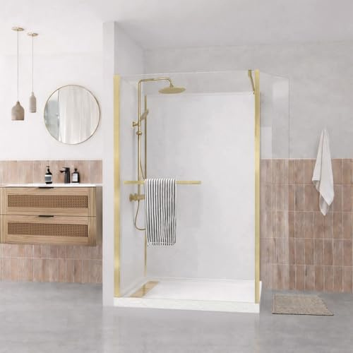 Cabine de Douche à l'Italienne 120x90 Colonne Thermostatique Or Brossé et Receveur Bas Effet Pierre