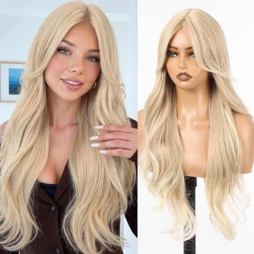 Allbell ren ljusblond syntetisk nätperuk för kvinnor, 71 cm långa våglockar peruk med gardinpony, naturligt medelstort hår fäste limfri solblond glamour stil