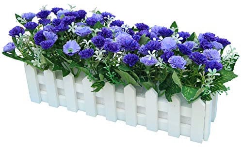 Flikool Carnations Fleurs Artificielles avec Clôture Truqué Plantes Artificielles in Pot Simulation Potted Bonsai Faux Floral Artificiels Balcon Maison Ornements de Décoration - Bleu