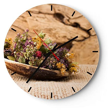 Modern Wanduhr Kraut Tee Bio getrocknete Kräuter 30x30cm Rund Klein Wand Uhr Glas Analog Zimmeruhren Küche Büro Wohnzimmer Glasuhr Wall Clock Dekoration Design Wanddekoration Küchenuhr C3AR30x30-2471