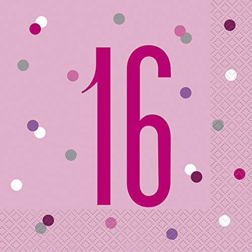 Papierservietten - Zahl 16 - 16,5 cm - Glitzer Rosa & Silber Geburtstag - 16er-Packung
