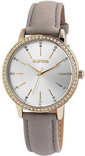 Raptor Damen-Uhr Echt Leder Armband Strass Glitzer Elegant Analog Quarz RA10176 (Taupe)
