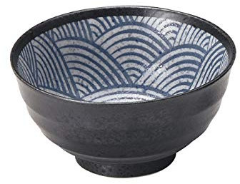 Kakuni Japanische Mino-Yaki-Keramikschale Rokube-e Donburi, große Größe 17 x 8,8 cm, hergestellt in Japan, traditionelles Seigaiha-Wellenmuster, Blau W20240