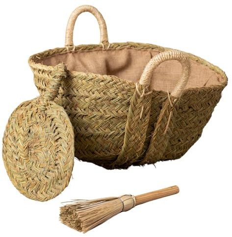 Cestería Aparici – Capazo de esparto con asas de pita | Kit GRANDE 7110F-2 con AVENTADOR y ESCOBILLA – Para almacenar y transportar