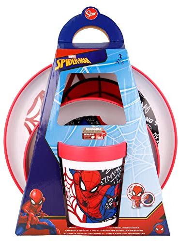 Set Pappa Bambini Marvel Spiderman, in plastica senza BPA, con un piatto fondo, uno pieno e un bicchiere, lavabile e riutilizzabile
