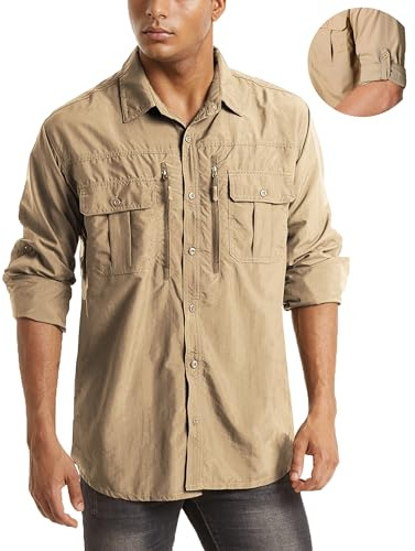 MAGCOMSEN Fishing Shirts for Men Rip Stop Mens Safari Shirts Long Sleeve 4 Pocket Button Shirts Hiking Shirts for Men Khaki XL