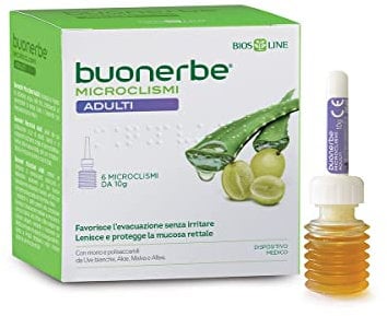 BIOS LINE Buonerbe Microclismi, Dispositivo Medico CE Ideale per Favorire l'Evacuazione Senza Irritare, 6 Microclismi da 10g (Adulto)