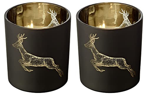 EDZARD 2er Set Teelichtgläser Sammy (Höhe 8 cm) Motiv Hirsch laufend, außen matt schwarz/innen Gold, Teelichthalter, Windlicht