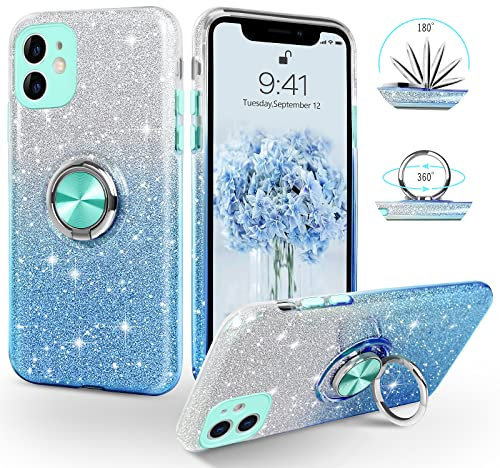 SouliGo iPhone 11 Case, Phone Case iPhone 11, Slim Thin Shinny Sparkly Soft TPU Shockproof Protective Ring Kickstand Hybrid Protection Girls Women iPhone 11 Cover, Blue Glitter Design