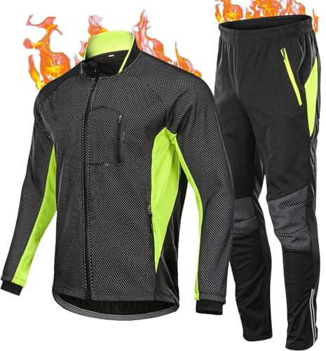 HOMTOL Herren Radjacke Set Winter Thermal Wasserdicht Winddicht Fahrradjacke Set Thermo Fleece Lange Radhose + Fahrradhose (DE/NL/SE/PL, Alphanumerisch, S, Regular, Regular, Grün)