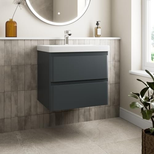 Affine® 600mm Vanity Unit Wash Basin Sink Bathroom Wall Mounted Storage Cabinet Cupboard Cloakroom, Soft Close Drawers, Anthracite Grey