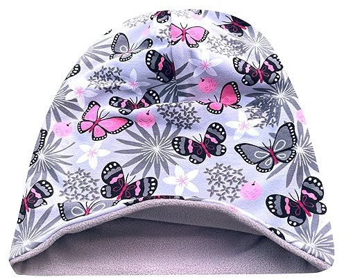 Wollhuhn Öko Warme Kuschelige Winter Jungen/Mädchen Winter Long Beanie Mit Fleecefutter Versch. Motive (aus Öko-Stoffen, Bio) 20220666 (Schmetterlinge Grau/Rosa, L)