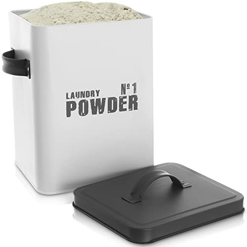 Crystals Laundry Powder Bin, Washing Powder Storage Tin, Metal Detergent Box with Airtight Lid and Handles for Storing Soap, Tablets & other Laundry Powder (White)