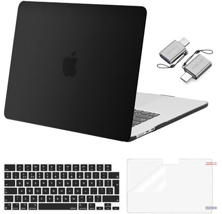 MOSISO Hülle Kompatibel mit MacBook Air 15 Zoll 2025 2024 2023 M4 M3 M2 A3241 A3114 A2941 Touch ID,Plastik Hartschale Case&Tastaturschutz&Displayschutz&Typ C Adapter 2er Pack,Schwarz