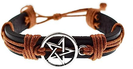BISONBLUE Armbänder Damen Armband Bracelets Frauen Punk Pentagramm Hexe Stern Symbol Charm Damen Herren Vintage Echtleder Armbänder Pentacle Einstellbar Hellbraun