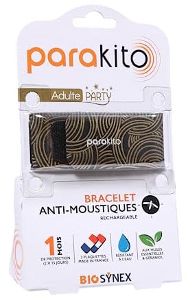 Biosynex Parakito – Pulsera antimosquitos recargable – 2 recambios incluidos – 1 mes de uso – Sin deet – Diseño dorado para fiesta nudos – Talla adulto