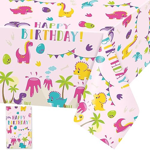 Dinosaurier Tischdecke Rosa Dino Tischdecken Dinosaur Geburtstag Plastik Tischtuch Rechteckige Wasserdicht Dino Motiv Kinder Geburtstag Party Dekoration, 137 x 274cm, 1 Stück