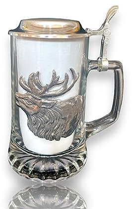 Glaskrug, Bierseidel, Bierkrug mit Zinndeckel und Hirschkopf - Bierkrug Hirschkopf gravurfähig