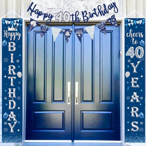Happy 40th Birthday Door Banner Party Decorations, Blue Silver 40 Birthday Door Porch Sign Banner, Happy 40 Banners Bunting Triangle Flags for Men 40th Party Decorations Supplies
